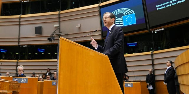 Israel's President Isaac Herzog addresses the European Parliament plenary ahead of Holocaust Remembrance Day in Brussels on Thursday, Jan. 26, 2023. 