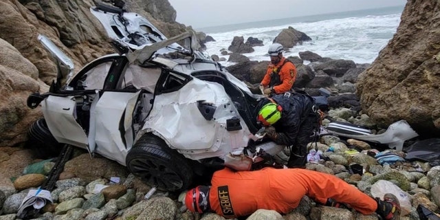 The driver of the car that plunged 250 feet off a cliff in Northern California, injuring his two young children and his wife, has been released from the hospital and jailed on suspicion of attempted murder and child abuse.