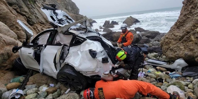 The driver of the car that plunged 250 feet off a cliff in Northern California, injuring his two young children and his wife, has been released from the hospital and jailed on suspicion of attempted murder and child abuse.