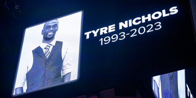 The screen at the Smoothie King Center honors Tyre Nichols before an NBA basketball game between the New Orleans Pelicans and the Washington Wizards in New Orleans, Saturday, Jan. 28, 2023. 