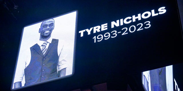 The screen at the Smoothie King Center honors Tyre Nichols before an NBA basketball game between the New Orleans Pelicans and the Washington Wizards in New Orleans, Saturday, Jan. 28, 2023. 