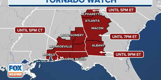 Tornado Watches are in effect for the areas indicated in red.