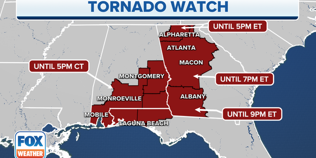 Tornado Watches are in effect for the areas indicated in red.