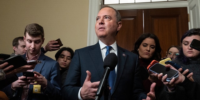 House Speaker Kevin McCarthy ejected Reps. Adam Schiff, center, and Eric Swalwell, not pictured, from the Intelligence Committee on Tuesday, citing national security concerns. 