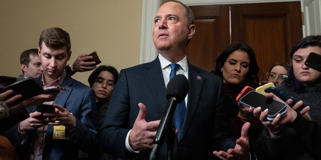 Rep. Adam Schiff, D-Calif., speaks to reporters as he departs the final meeting of the House Select Committee to Investigate the January 6 Attack on the U.S. Capitol in the Canon House Office Building on Capitol Hill on December 19, 2022, in Washington, DC.