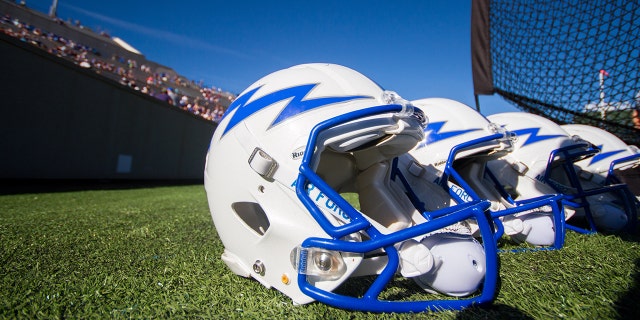 October 22, 2016: An Air Force Falcons helmet during the NCAA football game between the Air Force Falcons and the Hawaii Rainbow Warriors at Falcon Stadium in Colorado Springs, CO.