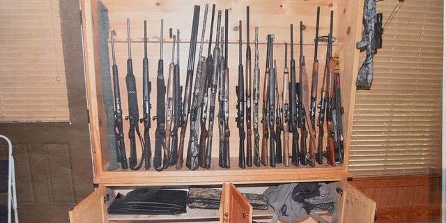 Alex Murdaugh's gun room pictured in an evidence photo that was show to the jury in the Colleton County Courthouse on Friday, January 27, 2023. 