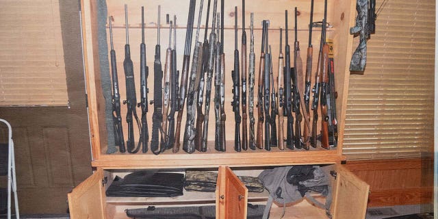 Alex Murdaugh's gun room pictured in an evidence photo that was show to the jury in the Colleton County Courthouse on Friday, January 27, 2023. 