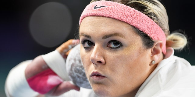 Amelia Strickler of Great Britain competes in the qualification round of the women's shot put during the European Athletics Indoor Championships on March 4, 2021 in Torun, Poland.