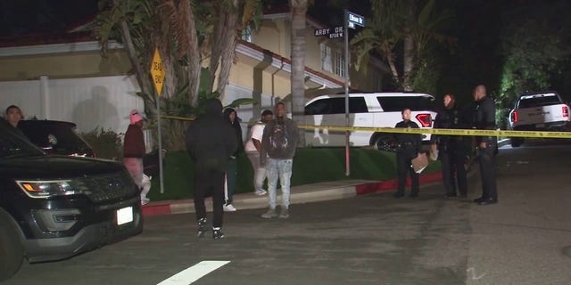 Police respond to a shooting in Los Angeles' Beverly Crest neighborhood that reportedly left three dead and four injured early Saturday, Jan. 28, 2022. 