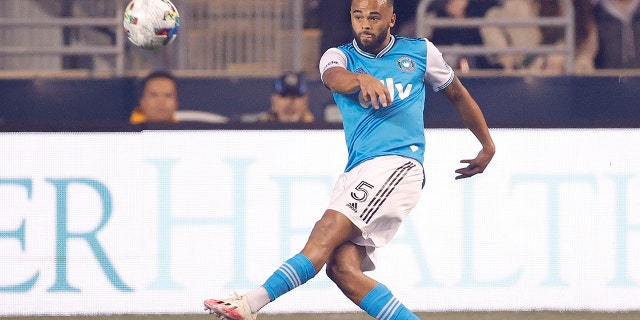 Anton Walkes, #5 of Charlotte FC, passes the ball against Philadelphia Union at Subaru Park on April 2, 2022, in Chester, Pennsylvania.