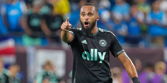 Anton Walkes directs his defense during a soccer game against DC United on August 3, 2022 at Bank of America Stadium in Charlotte, North Carolina.