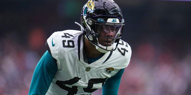 Arden Key of the Jacksonville Jaguars gets set against the Houston Texans at NRG Stadium Jan. 1, 2023, in Houston.