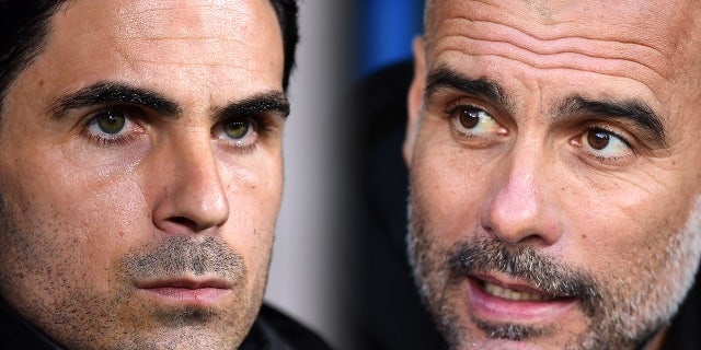 Mikel Arteta, manager of Arsenal, left, and Pep Guardiola, manager of Manchester City.