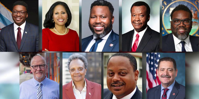 Candidates for Chicago Mayor in 2023: Ja'Mal Green, 4th ward city council member Sophia King, state Rep. Kam Buckner, Willie Wilson, teachers union organizer Brandon Johnson, former public schools CEO Paul Vallas, Mayor Lightfoot, 6th ward council member Roderick Sawyer, and Congressman Jesus "chuy" Garcia.