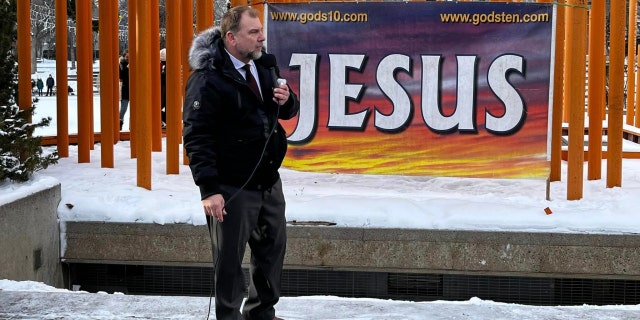 Pastor Artur Pawlowski preaches in downtown Calgary, Alberta.