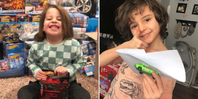 Beckett Culp (left) is a fan of Hot Wheels — as was Hunter Tuzinski (right). The model toy cars are made by Mattel.