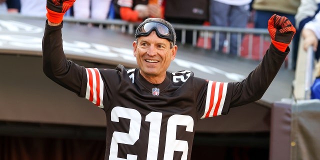 Cleveland Browns all-time great quarterback Bernie Kosar is introduced to fans before the game between the New England Patriots and the Cleveland Browns on October 16, 2022 at FirstEnergy Stadium in Cleveland.