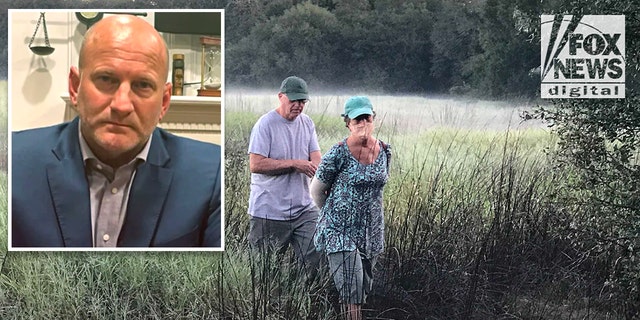 Chris and Roberta Laundrie walk through the Myakkahatchee Creek Environmental Park the morning their son's remains were found. Inset: Attorney Steve Bertolino