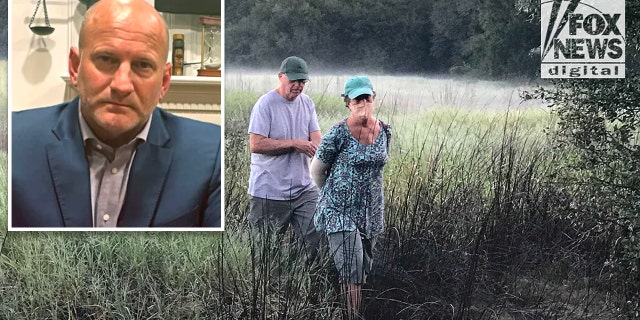 Chris and Roberta Laundrie walk through the Myakkahatchee Creek Environmental Park the morning their son's remains were found. Inset: Attorney Steve Bertolino
