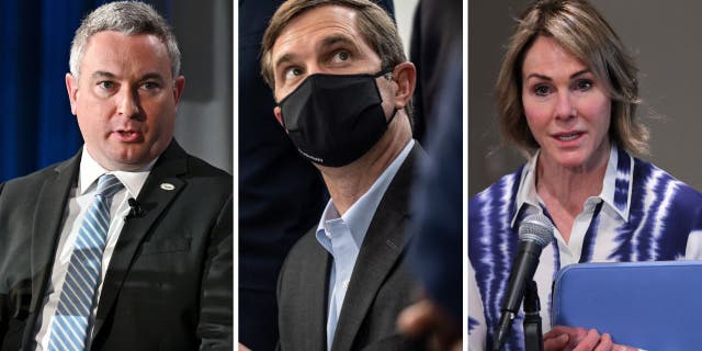 Van links: de Republikeinse landbouwcommissaris van Kentucky, Ryan Quarles, de democratische gouverneur van Kentucky, Andy Beshear, en voormalig VN-ambassadeur Kelly Craft.
