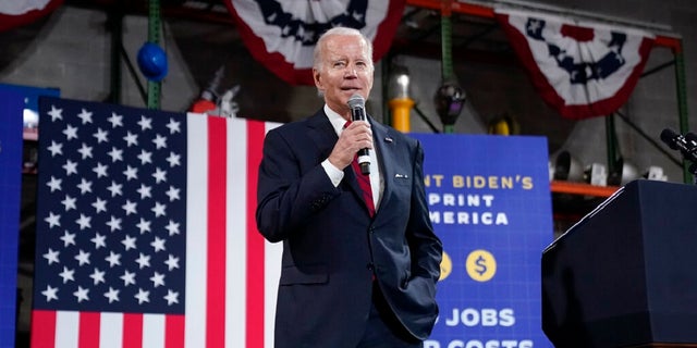 President Biden speaks at the Steamfitters Local 602 in Springfield, Va., on Thursday.