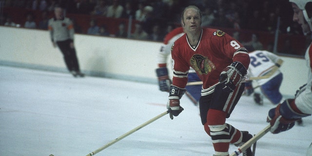 Stanley Cup Finals, Chicago Blackhawks Bobby Hull, #9, in action versus the Montreal Canadiens in Montreal.