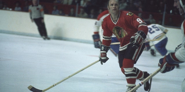 Stanley Cup Finals, Chicago Blackhawks Bobby Hull, #9, in action versus the Montreal Canadiens in Montreal.