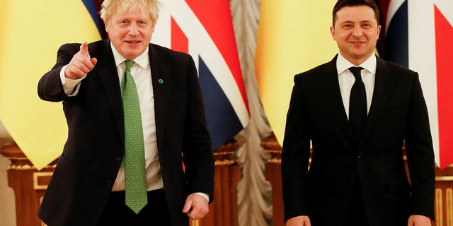 Then-British Prime Minister Boris Johnson meets with Ukrainian President Volodymyr Zelenskyy at the presidential palace in Kyiv on Feb. 1, 2022.