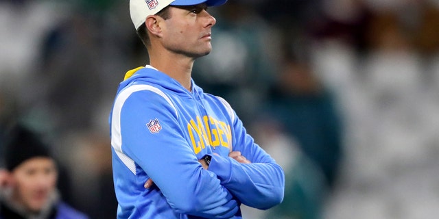 Head coach Brandon Staley of the Los Angeles Chargers prior to a game against the Jacksonville Jaguars in an AFC wild-card playoff game at TIAA Bank Field Jan. 14, 2023, in Jacksonville, Fla.
