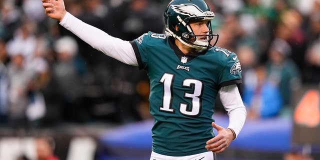 Philadelphia Eagles punter Brett Kern reacts to a punt during the first half of the NFL Championship NFL football game between the Philadelphia Eagles and the San Francisco 49ers on Sunday, January 29, 2023, in Philadelphia.