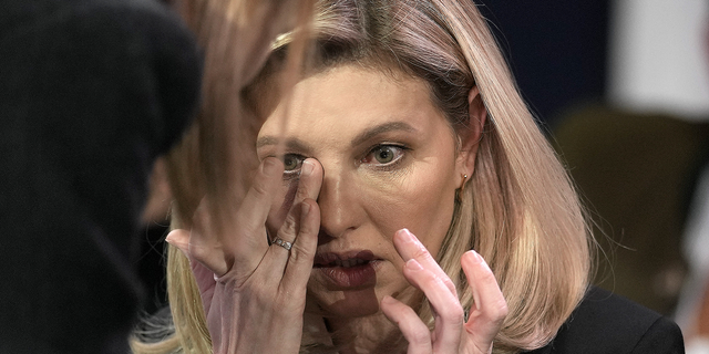 First lady of Ukraine Olena Zelenska reacts at the World Economic Forum in Davos, Switzerland, after the news of a helicopter crash in Ukraine that killed Minister of Internal Affairs Denys Monastyrskyi and others on Wednesday, Jan. 18.