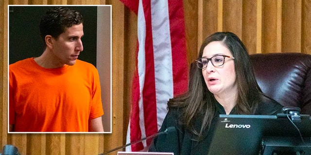 Latah County Magistrate Judge Megan Marshall speaks during a January 2023 hearing for Bryan Kohberger, inset, the suspect in the stabbing deaths of four students near the University of Idaho.