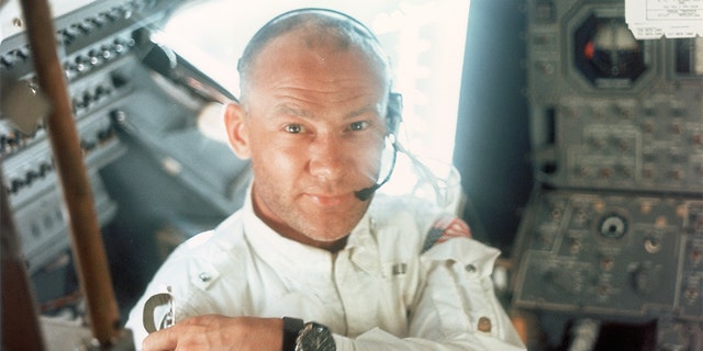 Lunar Module pilot Edwin E. Aldrin Jr on board the Lunar Module during the Apollo 11 lunar landing mission, 20th July 1969. 