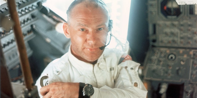 Lunar Module pilot Edwin E. Aldrin Jr on board the Lunar Module during the Apollo 11 lunar landing mission, 20th July 1969. 