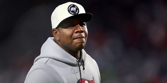 Offensive coordinator Byron Leftwich of the Tampa Bay Buccaneers prior to a game against the Dallas Cowboys in the NFC wild-card playoffs at Raymond James Stadium Jan. 16, 2023, in Tampa, Fla.
