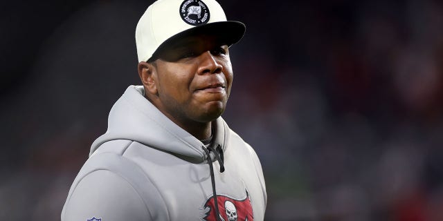 Offensive coordinator Byron Leftwich of the Tampa Bay Buccaneers prior to a game against the Dallas Cowboys in the NFC wild-card playoffs at Raymond James Stadium Jan. 16, 2023, in Tampa, Fla.