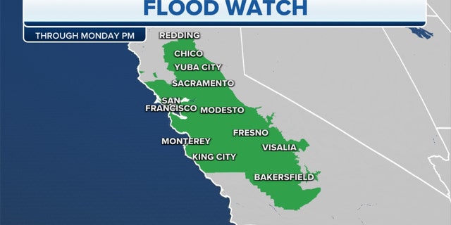 A flood watch in California through Monday afternoon