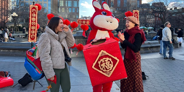 A booth set up in Washington Square Park in Manhattan helped people celebrate the Chinese New Year — the year of the rabbit — on Jan. 22, 2023. 