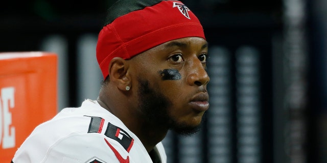 Atlanta Falcons wide receiver Cameron Batson watches the preseason game against the Lions on Aug. 12, 2022, in Detroit.