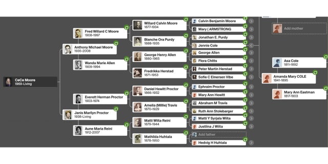 CeCe Moore's family tree is an example of how genetic genealogists map out connections among relatives.