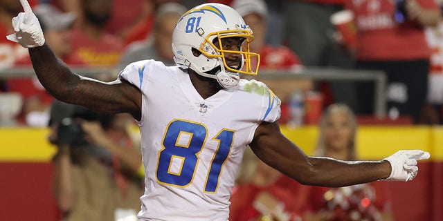Los Angeles Chargers' Mike Williams celebrates after scoring a touchdown against the Kansas City Chiefs at Arrowhead Stadium in Kansas City, Missouri on September 15, 2022.