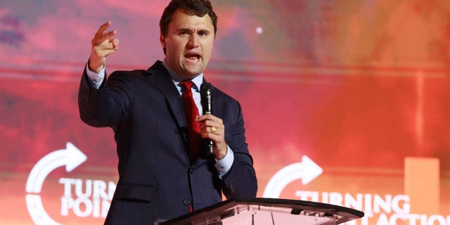 FILE – Charlie Kirk, founder and executive director of Turning Point USA, speaks during the Turning Point USA Student Action Summit in Tampa, Florida, US, on Friday, July 22, 2022.