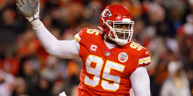 Chris Jones, #95 of the Kansas City Chiefs, reacts after sacking Joe Burrow, #9 of the Cincinnati Bengals, during the fourth quarter in the AFC Championship Game at GEHA Field in Arrowhead Stadium on January 29, 2023 in Kansas City, Missouri.