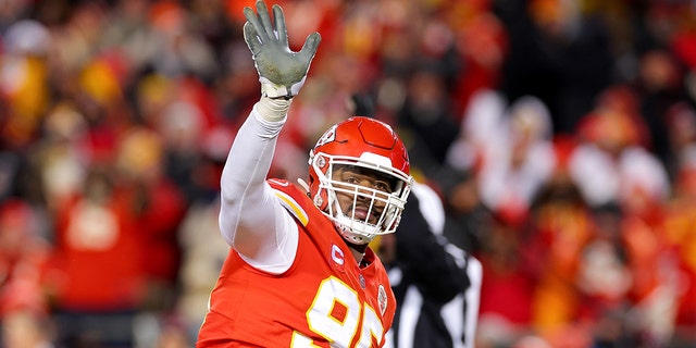 Chris Jones, #95 of the Kansas City Chiefs, reacts after sacking Joe Burrow, #9 of the Cincinnati Bengals, during the fourth quarter in the AFC Championship Game at GEHA Field at Arrowhead Stadium on Jan. 29, 2023 in Kansas City, Missouri.