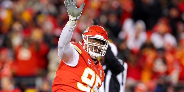 Chris Jones, of the Chiefs, reacts after sacking Joe Burrow, of the Cincinnati Bengals, during the AFC Championship Game at GEHA Field at Arrowhead Stadium on Jan. 29, 2023, in Kansas City, Missouri.