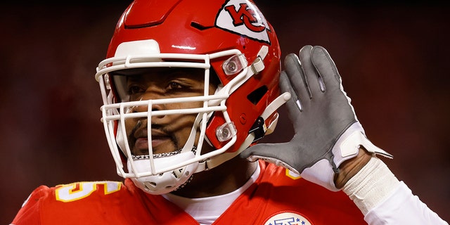 Chris Jones, #95 of the Kansas City Chiefs, reacts after sacking Joe Burrow, #9 of the Cincinnati Bengals, during the first quarter in the AFC Championship Game at GEHA Field in Arrowhead Stadium on January 29, 2023 in Kansas City, Missouri.