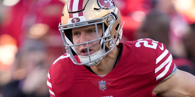 San Francisco 49ers running back Christian McCaffrey warms up before the NFC divisional round playoff game against the Dallas Cowboys at Levi's Stadium, Jan. 22, 2023, in Santa Clara, California.