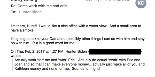 Hunter Biden tells Cathy Chung she should work for him in February 2017, adding that he can "make money for everyone."