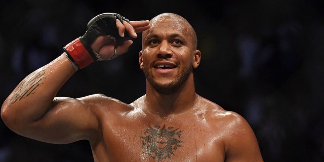Cyril Gane celebrates after defeating Tai Tuivasa during the Ultimate Fighting Championship event at the Accor Arena on September 3, 2022 in Paris.